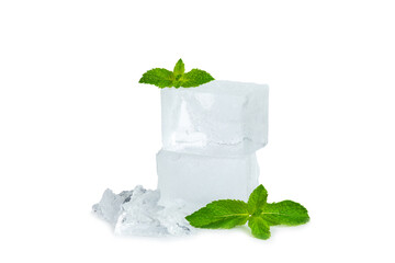 Mint and ice isolated on white background. Green fresh mint and ice cube. Mint leaves, ice cube and...
