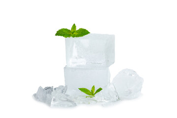 Mint and ice isolated on white background. Green fresh mint and ice cube. Mint leaves, ice cube and water drops for cold drink.