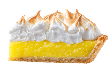 On transparent background a slice of lemon meringue pie with a goldenbrown toasted meringue topping and a flaky