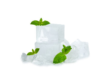 Mint and ice isolated on white background. Green fresh mint and ice cube. Mint leaves, ice cube and...
