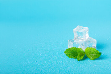 Mint and ice on texture background. Green fresh mint and ice cube. Mint leaves, ice cube and water...