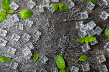 Mint and ice on texture background. Green fresh mint and ice cube. Mint leaves, ice cube and water...