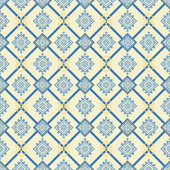 Blue and soft yellow seamless pattern with geometric shapes. Design for carpet ,curtains, texture, background, backdrop, fabric, wallpaper,  clothing  