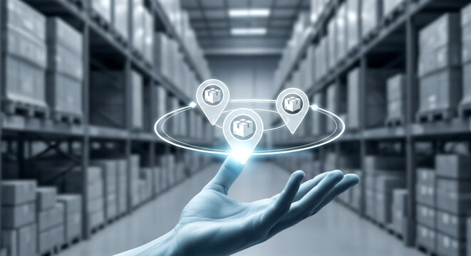 Hand holding digital package location icons in a warehouse with shelves full of boxes behind it