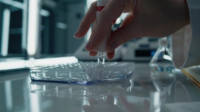 Professional lab technician carefully filling 96 well microplate using multichannel pipette during precision scientific research experiment in modern laboratory setting