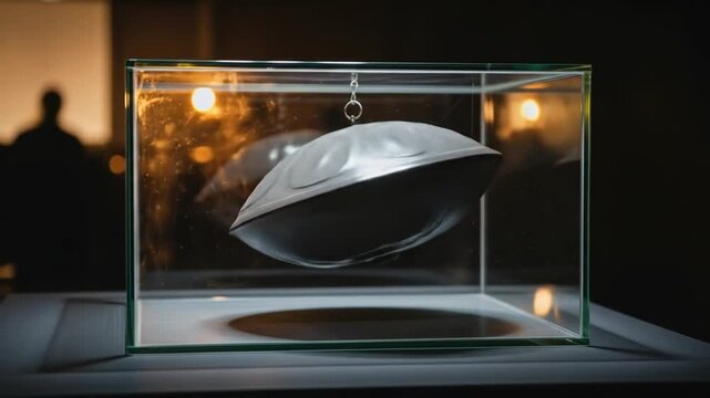 Ethereal Handpan Suspended in Glass Cube, Reflecting Warm Ambient Light and Creating Mesmerizing Visuals