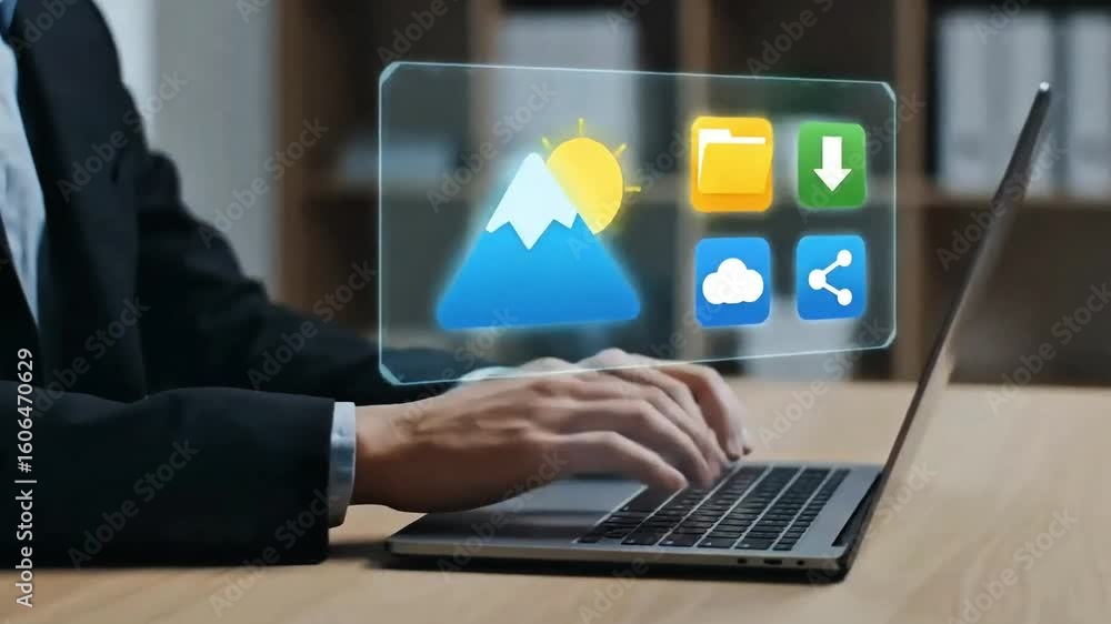 Poster businessman using a laptop with a futuristic holographic interface displaying icons for download fil