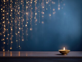 Decorative oil lamp with flames on table against blue background  