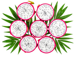 Untitled design - Top-Down View of Sliced Dragon Fruit Arrangement with Leaf Garnish, Tropical Presentation, Transparent PNG