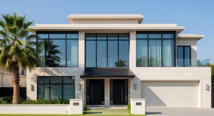 A modern luxury home with large windows and a palm tree in front