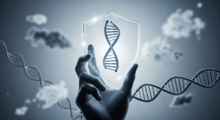 Hand holding a dna strand inside a shield with dna strands and clouds in the background monochrome