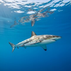 Fototapeta premium Grey shark swimming in deep blue water.