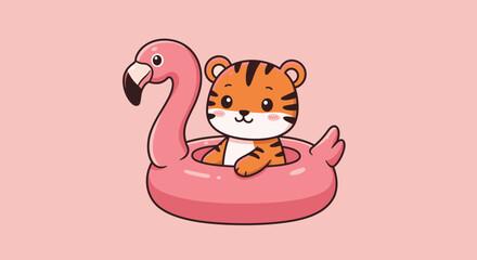 Adorable Tiger Cub on a Pink Flamingo Pool Float