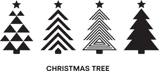 Modern Christmas Tree Silhouettes – Six Black Icons Featuring Spiral, Star-Shaped, Geometric, Classic Pine, and Dotted Outline Trees for Contemporary Holiday Designs