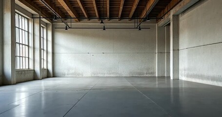 Spacious industrial interior showcasing polished concrete floor and large windows, ideal for events