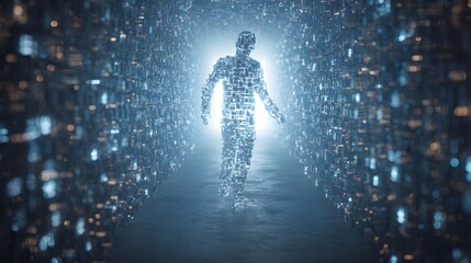 A glowing human silhouette made of digital code emerges from a futuristic data tunnel