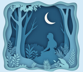 Woman sitting under moonlight in forest at night in layered paper cut style illustration