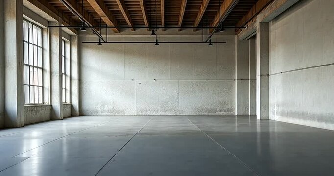 Spacious industrial interior showcasing polished concrete floor and large windows, ideal for events