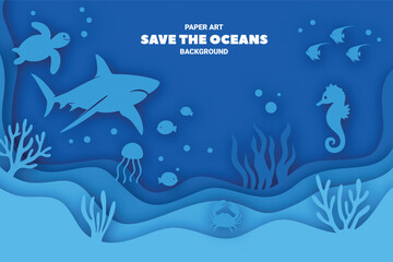 Underwater marine life in layered paper cut style with ocean animals and coral reef for ocean conservation theme