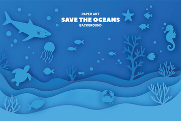 Ocean animals in layered paper cut style with shark, turtle, seahorse, jellyfish, and coral for marine conservation