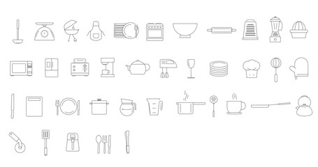 kitchen Outline Icons Set-tools and essentials plates, spatula, cutlery, bowl, microwave, refrigerator, knife, pot, coffee maker, rolling pin, scale, dishes 38 vector icon Set
