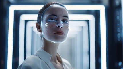 Futuristic Woman with Digital Interface Overlay on Her Eyes in a Neon-Lit Corridor