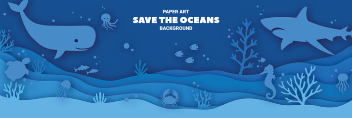Underwater ocean life scene with whale, shark, seahorse, and coral in layered paper cut art style