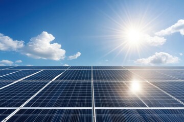 Solar panels capturing sunlight under a bright blue sky