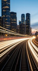 Fototapeta premium City skyline at dusk with train tracks showing light trails from moving trains