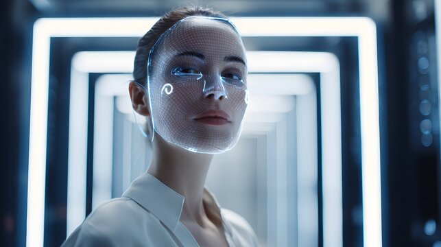 Futuristic Woman with Digital Interface Overlay on Her Eyes in a Neon-Lit Corridor - Powered by Adobe