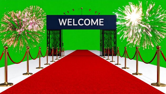 A red carpet entrance with fireworks and a welcome sign