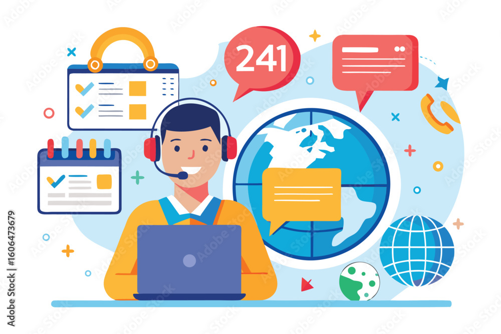 Poster customer service representative assisting clients with online calls and chats at flexible hours for 