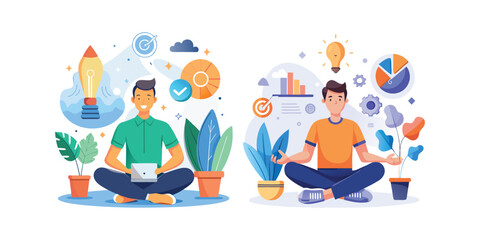 Calm Startup Founder Meditating Before Pitch Presentation – Mindfulness, Focus, and Balance in Business Vector Illustration for Entrepreneurs, Investors, and Startup Success Concepts