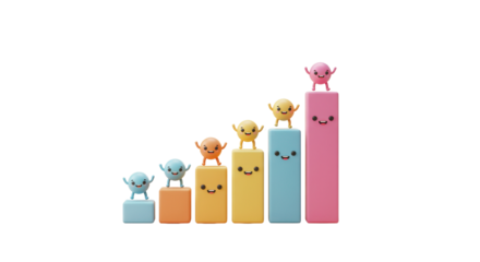 Joyful characters celebrate ascending success on vibrant, colorful bar chart illustrating growth