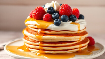 Delicious stack of pancakes topped with fresh berries and whipped cream