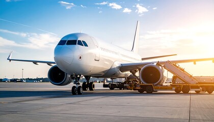 Commercial Airplane Ready for Departure on Airport Runway at Sunny Day