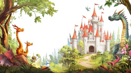 Fototapeta premium Dragons watch a majestic castle in a vibrant fantasy scene.