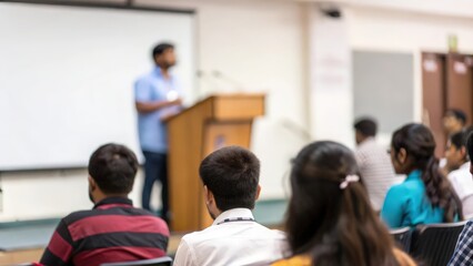 Indian College Team Speaking at Podium with Blurred Audience View
