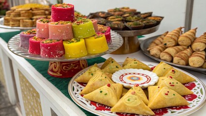Traditional Indian Sweets and Snacks Displayed at Festive Table