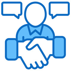 Business Meeting Blue Fill Outline Icon Vector Design - Two professionals shaking hands with speech bubbles, representing agreement or communication