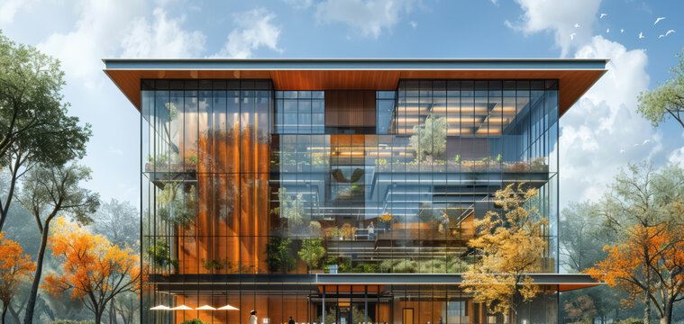Sustainable office building sketch showcasing green roofs, energy-efficient windows, and green facade