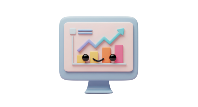Animated 3D graph on computer screen showing positive growth and happy data