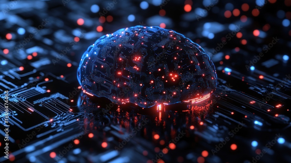 Poster digital brain model rests on a circuit board.