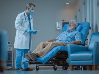 Obraz premium Doctor in white coat talking to senior patient in hospital bed