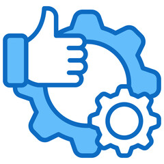 Service Quality Blue Fill Outline Icon Vector Design - Hand giving thumbs up beside cogwheel, symbolizing approval and optimized performance