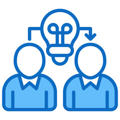 Shared Idea Blue Fill Outline Icon Vector Design - Two people exchanging thoughts with a light bulb above, representing brainstorming or collaboration