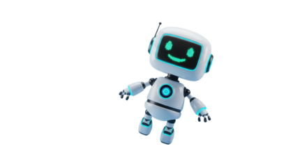 Friendly cartoon robot with glowing blue accents and a happy digital face, perfect for tech concepts