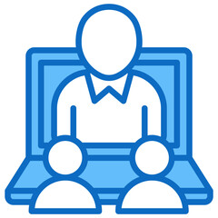 Virtual Class Blue Fill Outline Icon Vector Design - Person on laptop with two viewers, indicating online session, webinar, or digital training