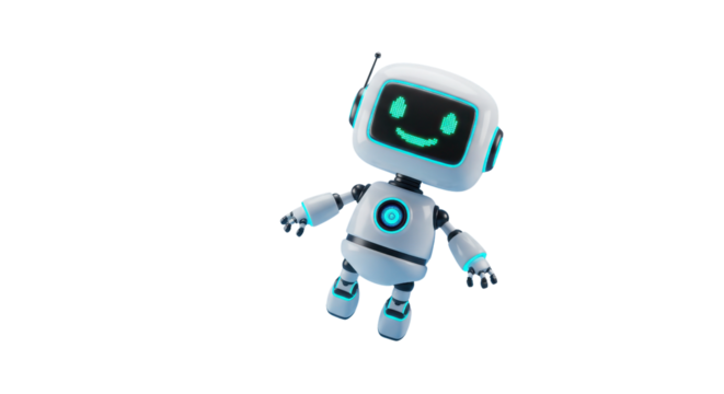 Friendly cartoon robot with glowing blue accents and a happy digital face, perfect for tech concepts