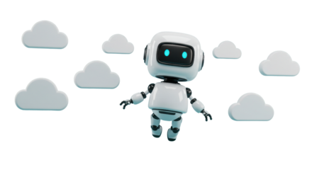 Adorable cartoon robot floats joyfully through fluffy white clouds with bright blue eyes